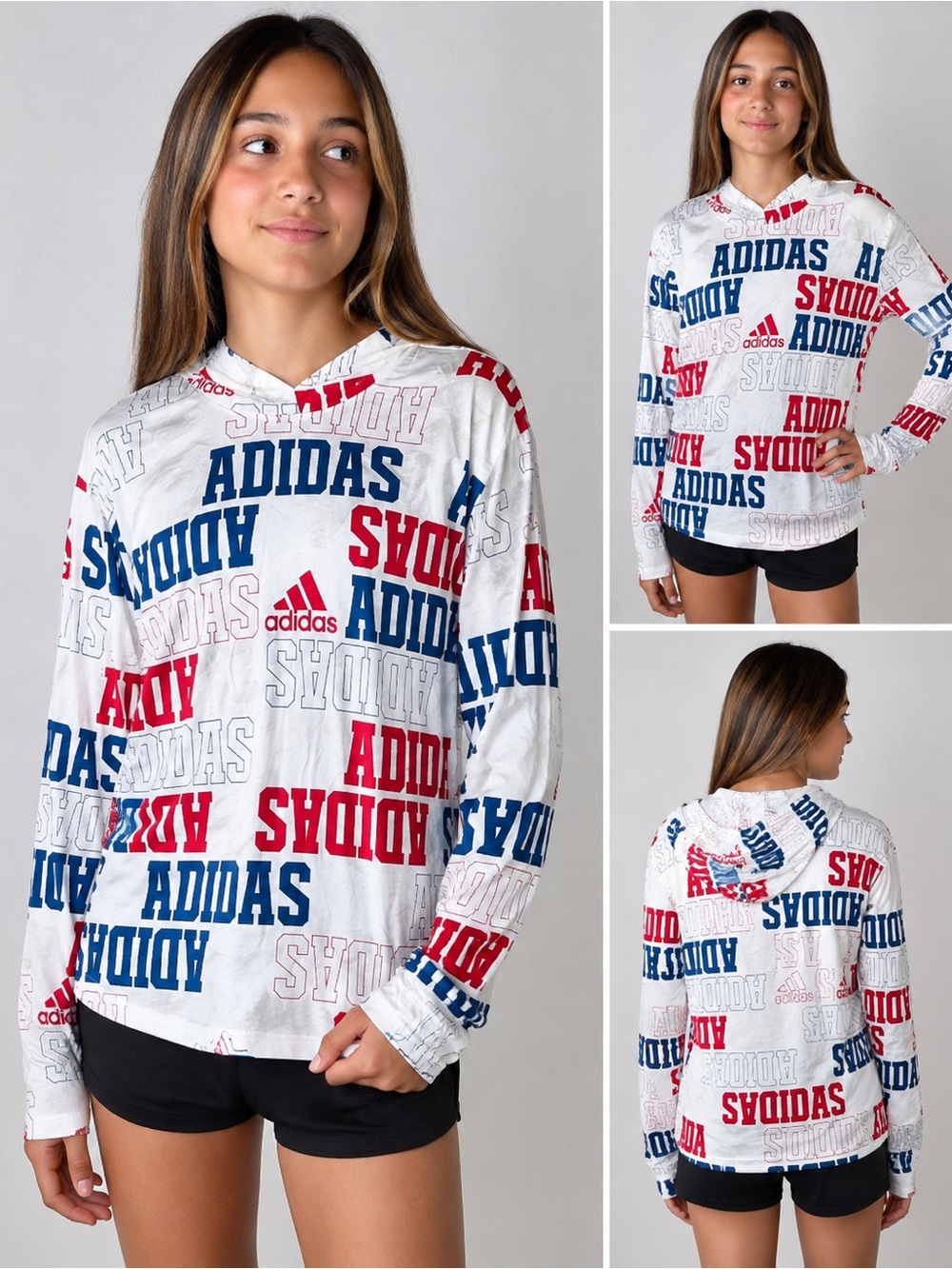 Adidas Girls Hooded Long Sleeve Graphic Shirt Size L 14/16 Red White Blue